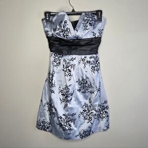 Y2K Trixxi Silver Black Floral Satin Tie Waist Strapless Formal Dress Size 3